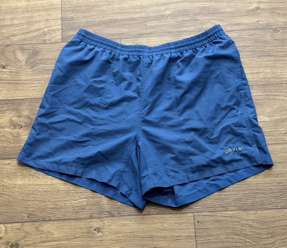 Orvis Mens Blue Swim Trunks Shorts L Mesh Lined Elastic Waist Quick Dry